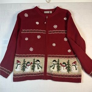Croft & Barrow Zip-Up Cardigan Red and Tan with Snowmen Size Large